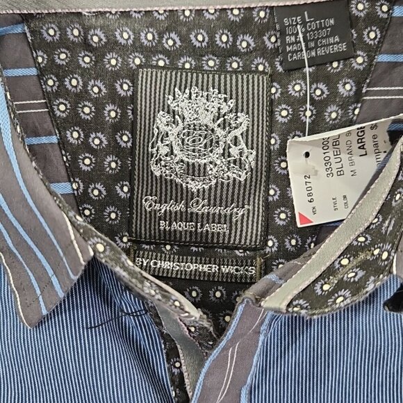 English Laundry Blaque Label Shirt Men's Large Black Blue Stripes NWT Arrogant - Picture 5 of 16